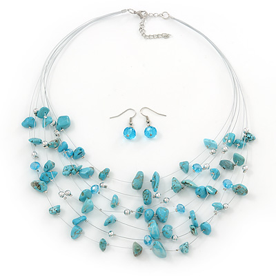 Turquoise Stone & Silver Metal Bead Multistrand Necklace & Drop Earrings Set - main view