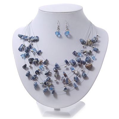 Blue/White Semiprecious Stone & Silver Metal Bead Multistrand Necklace & Drop Earrings Set - main view