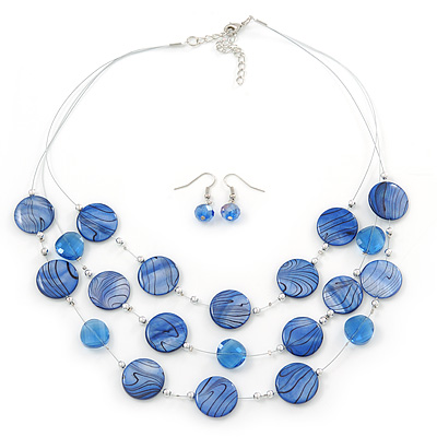 3 Strand Blue Shell & Bead Wire Necklace & Drop Earrings Set In Silver Plating - main view