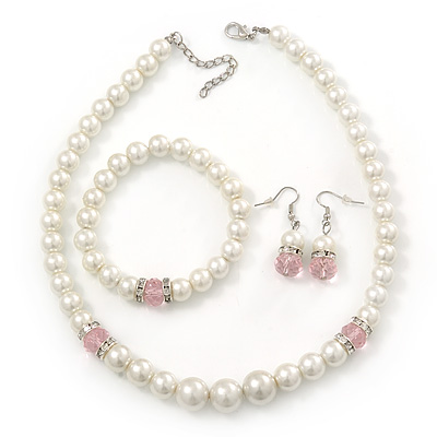 White Simulated Glass Pearl Necklace, Flex Bracelet & Drop Earrings Set With Diamante Rings & Pink Beads - 38cm Length - main view