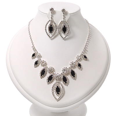 Black/Clear Swarovski Crystal 'Leaf' Necklace And Drop Earring Set In Silver Plated Metal - main view