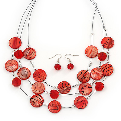 3 Strand Red Shell & Bead Wire Necklace & Drop Earrings Set In Silver Plating - main view
