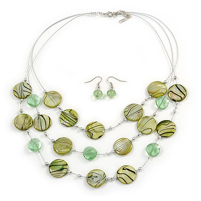 3 Strand Grass Green Shell & Bead Wire Necklace & Drop Earrings Set In Silver Plating - main view