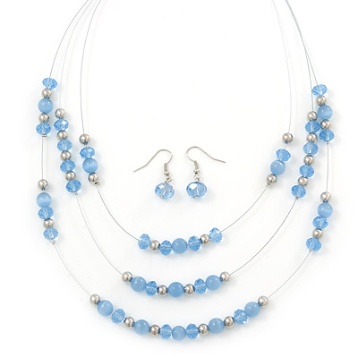 Light Blue/Silver Metal Bead Multistrand Floating Necklace & Drop Earrings Set - main view
