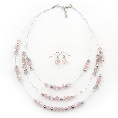 Light Pink/Transparent/Silver Metal Bead Multistrand Floating Necklace & Drop Earrings Set - main view