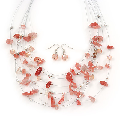 Light Pink/ Transparent Semiprecious Stone & Silver Metal Bead Multistrand Necklace & Drop Earrings Set