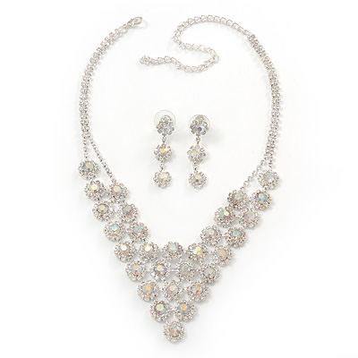 Bridal AB/Clear Swarovski Crystal Bib Necklace & Drop Earrings Set In Silver Plating - main view