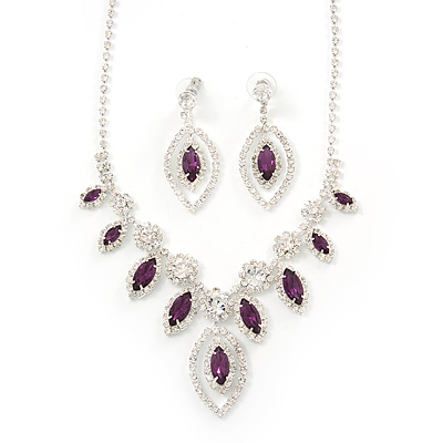 Purple/Clear Swarovski Crystal 'Leaf' Necklace And Drop Earring Set In Silver Plated Metal - main view