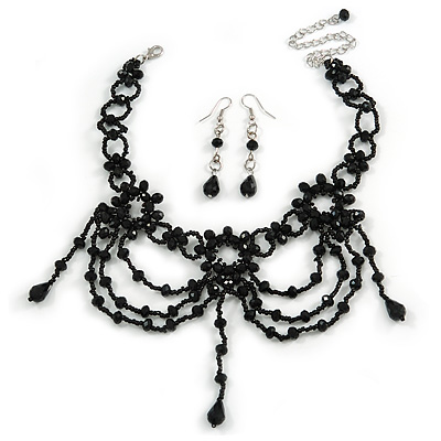 Black Glass Bead Gothic Costume Choker Necklace And Earring Set In Silver Plating - main view