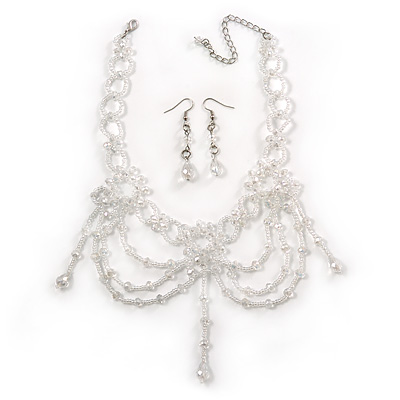 AB Crystal Bead Gothic Costume Choker Necklace And Earring Set In Silver Plating - main view