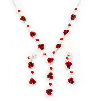 Delicate Y-Shape Red Rose Necklace & Drop Earring Set - main view