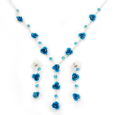 Delicate Y-Shape Blue Rose Necklace & Drop Earring Set - main view