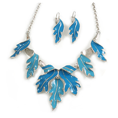 Blue/Sky Blue Enamel 'Leaf' Necklace & Drop Earrings Set In Silver Plating - 40cm Length/ 6cm Extension - main view