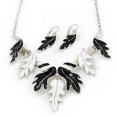 Black/White Enamel 'Leaf' Necklace & Drop Earrings Set In Silver Plating - 40cm Length/ 6cm Extension - main view