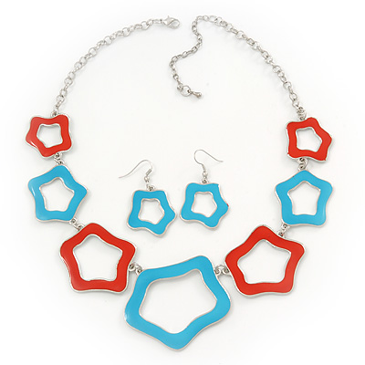 Light Blue/ Coral Enamel 'Star' Necklace & Drop Earrings Set In Silver Plating - 38cm Length/ 6cm Extension - main view