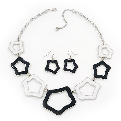 Black/White Enamel 'Star' Necklace & Drop Earrings Set In Silver Plating - 38cm Length/ 6cm Extension - main view