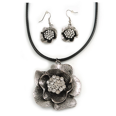 Vintage Diamante Floral Leather Cord Pendant & Drop Earrings Set In Antique Silver Metal - 42cm Length - main view