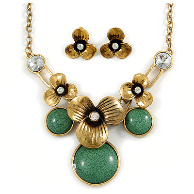 Burn Gold Diamante 'Flower' Necklace With Green Stones & Stud Earrings Set - 42cm Length/ 6cm Extension - main view