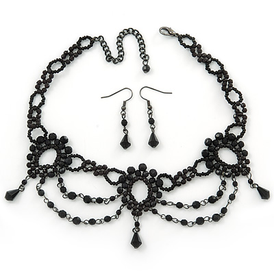 Victorian/ Gothic/ Burlesque Black Bead Choker And Earrings Set - main view