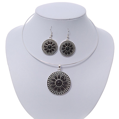 Black Medallion Flex Wire Necklace & Earrings Set In Silver Plating - Adjustable - main view