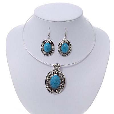 Turquoise Oval Medallion Flex Wire Necklace & Earrings Set In Silver Plating - Adjustable - main view