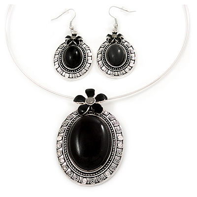 Large Black Oval Medallion Flex Wire Necklace & Earrings Set In Silver Plating - Adjustable - main view