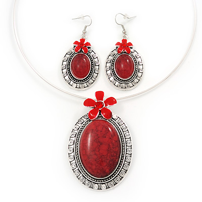 Large Coral Red Oval Medallion Flex Wire Necklace & Earrings Set In Silver Plating - Adjustable - main view