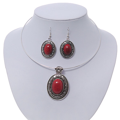 Coral Red Oval Medallion Flex Wire Necklace & Earrings Set In Silver Plating - Adjustable