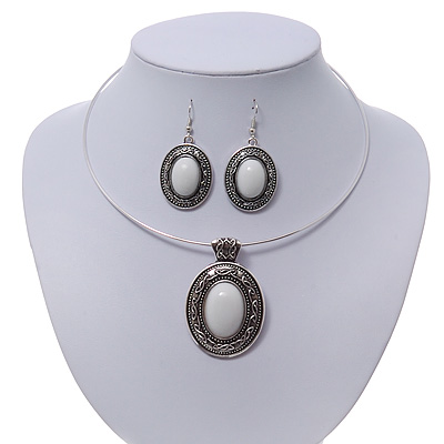 White Oval Medallion Flex Wire Necklace & Earrings Set In Silver Plating - Adjustable - main view