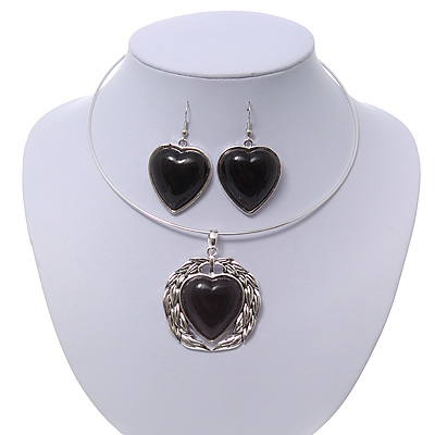 Black 'Heart' Pendant Flex Wire Necklace & Drop Earrings Set In Silver Plating - Adjustable