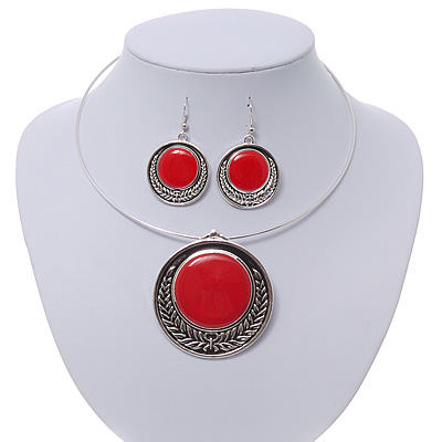 Red Enamel Medallion Flex Wire Necklace & Earrings Set In Silver Plating - Adjustable - main view