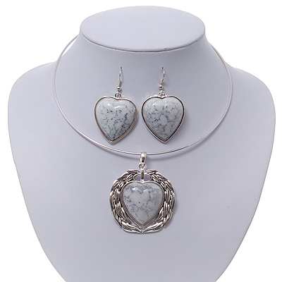 Antique White 'Heart' Pendant Flex Wire Necklace & Drop Earrings Set In Silver Plating - Adjustable - main view