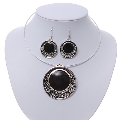 Black Enamel Medallion Flex Wire Necklace & Earrings Set In Silver Plating - Adjustable - main view