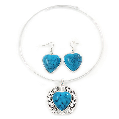 Turquoise 'Heart' Pendant Flex Wire Necklace & Drop Earrings Set In Silver Plating - Adjustable