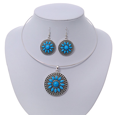 Light Blue Medallion Flex Wire Necklace & Earrings Set In Silver Plating - Adjustable - main view