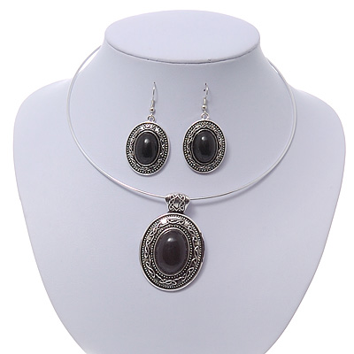 Black Oval Medallion Flex Wire Necklace & Earrings Set In Silver Plating - Adjustable - main view