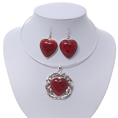 Coral Red 'Heart' Pendant Flex Wire Necklace & Drop Earrings Set In Silver Plating - Adjustable - main view