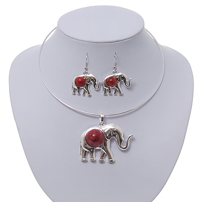 Silver Plated Flex Wire 'Elephant' Pendant Necklace & Drop Earrings Set With Coral Red Stone - Adjustable