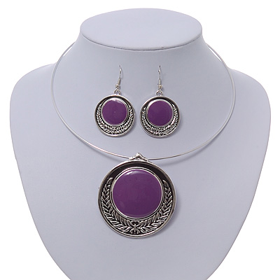 Purple Enamel Medallion Flex Wire Necklace & Earrings Set In Silver Plating - Adjustable - main view