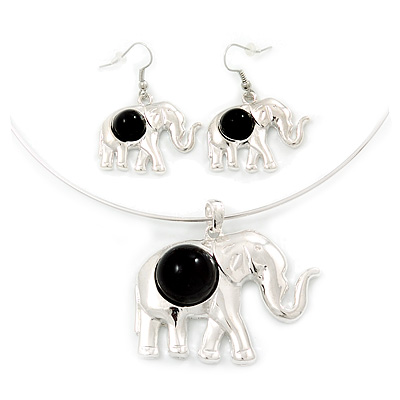 Silver Plated Flex Wire 'Elephant' Pendant Necklace & Drop Earrings Set With Black Stone - Adjustable - main view