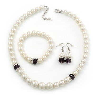 White Simulated Glass Pearl Necklace, Flex Bracelet & Drop Earrings Set With Diamante Rings & Purple Beads - 38cm Length - main view