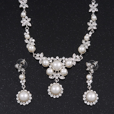 Bridal Swarovski Crystal/Simulated Pearl Bib Necklace & Drop Earrings Set In Silver Plating - 46cm Length/ 5cm Extension
