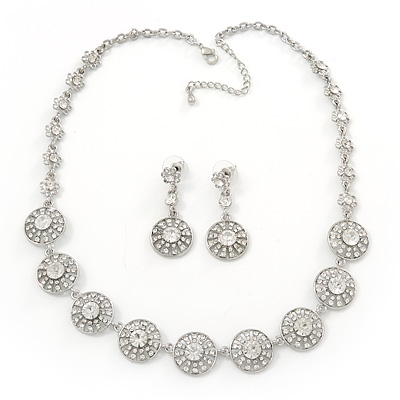Stunning Bridal Crystal Circle Necklace & Drop Earring Set In Silver Metal - 42cm Length/6cm Extension