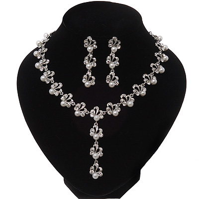 Bridal Simulated Pearl/Crystal Y-Necklace & Drop Earring Set In Silver Metal - 44cm Length/5cm Extension