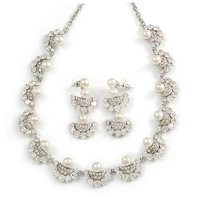 Luxurious Bridal Simulated Pearl/Crystal Necklace & Drop Earring Set In Silver Metal - 44cm Length/5cm Extension) - main view