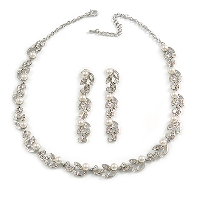 Classic Bridal Simulated Pearl/Crystal Necklace & Drop Earring Set In Silver Metal - 44cm Length/5cm Extension - main view