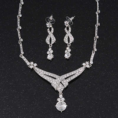 Bridal Swarovski Crystal Bib Necklace & Drop Earrings Set In Silver Plating - 44cm Length/ 5cm Extension - main view