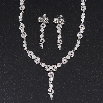 Stunning Bridal Crystal Y-Necklace & Drop Earring Set In Silver Metal - 44cm Length/5cm Extension - main view
