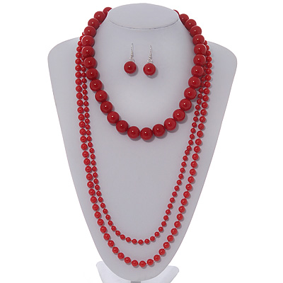 3-Piece Hot Red Acrylic Necklace & Drop Earrings Set - 102cm Length - main view