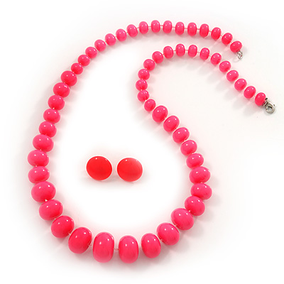 Bright Pink Acrylic Bead Necklace & Stud Earrings Set - 54cm Length - main view